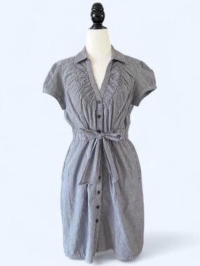 Y2K Dynamite Womens Striped Ruffle Collar Preppy Waist Tie Summer Midi Dress